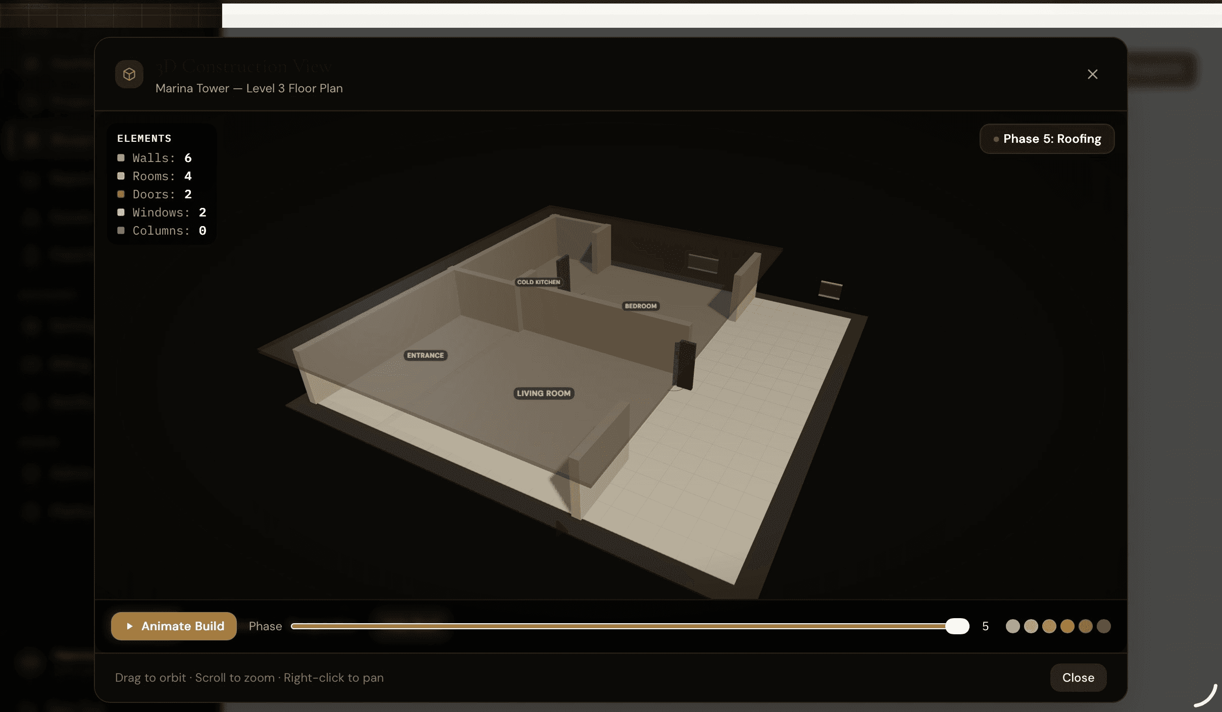 AXOBON 3D Construction View — Marina Tower Level 3 in 3D with Elements panel and Phase slider