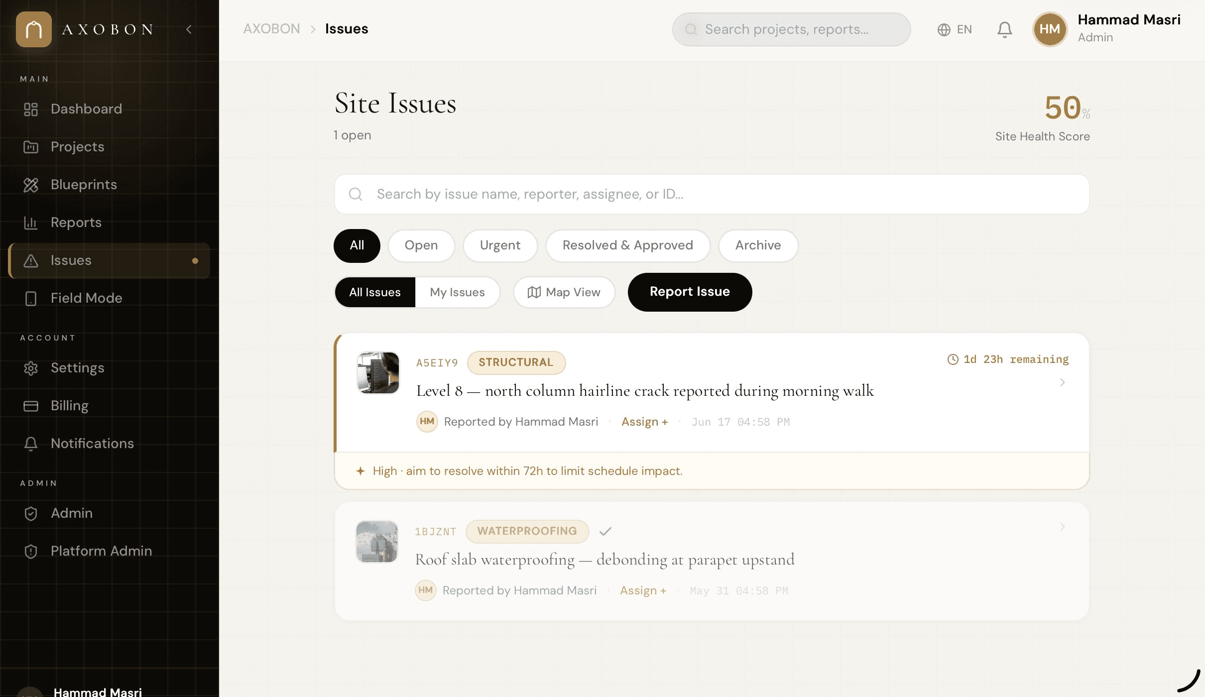 AXOBON Site Issues page — open and resolved issues with SLA timers, severity tags, and 50% Site Health Score